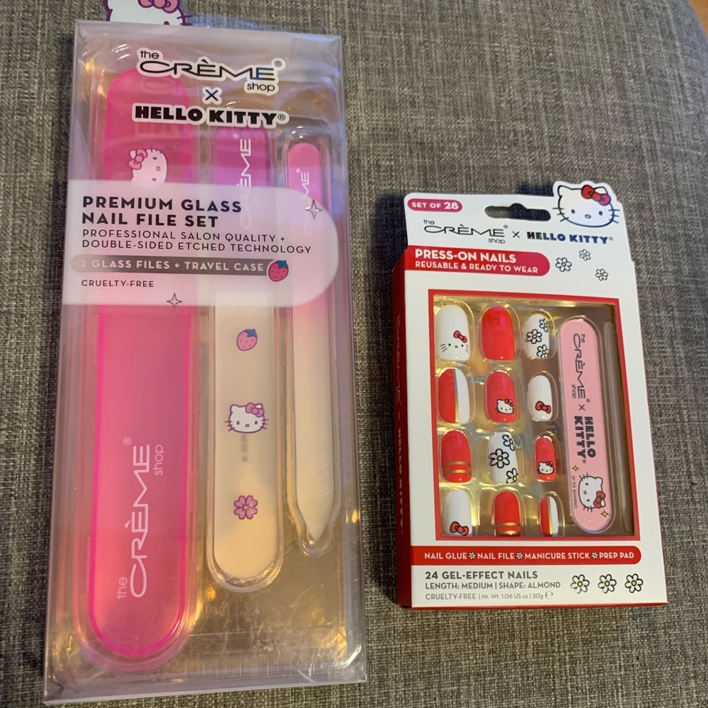 The Crème Shop x Hello Kitty Glass nail files and press on nails